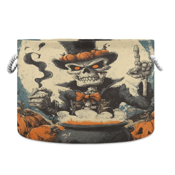 Round Toy Storage Basket Foldable Storage Basket for Home Decor Laundry Basket20" x 14" Evil Skeleton Wizard