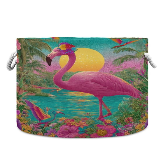 Round Toy Storage Basket Foldable Storage Basket for Home Decor Laundry Basket20" x 14" Flamingo Resort Style