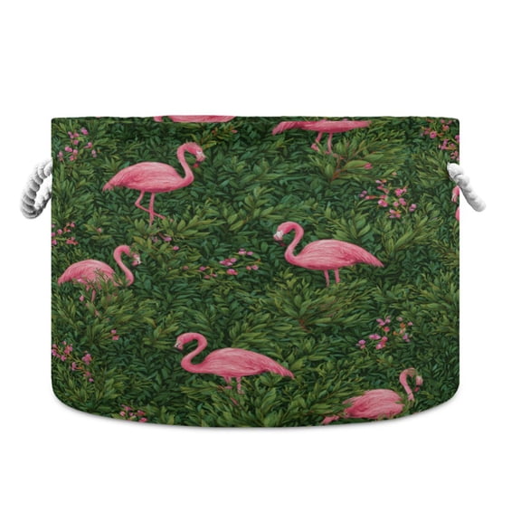 Round Toy Storage Basket Foldable Storage Basket for Home Decor Laundry Basket20" x 14" Flamingos in Flowers
