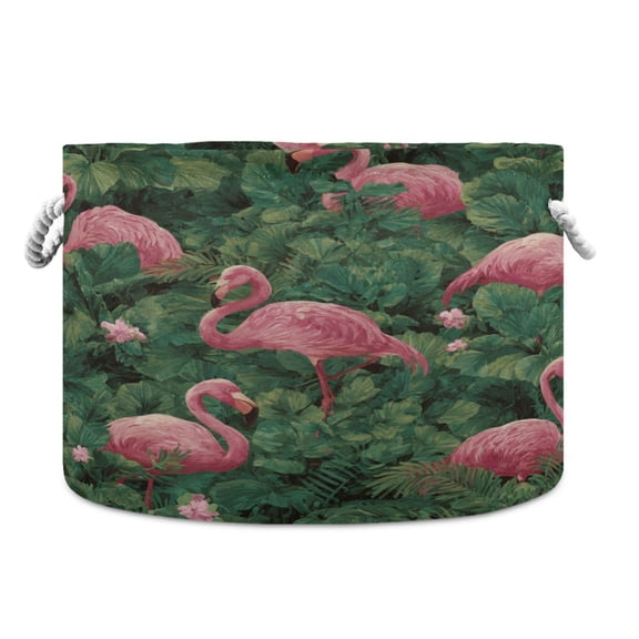 Round Toy Storage Basket Foldable Storage Basket for Home Decor Laundry Basket20" x 14" Flamingos in Tropical Jungle