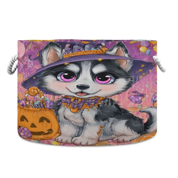 Round Toy Storage Basket Foldable Storage Basket for Home Decor Laundry Basket20" x 14" Halloween Decoration Husky