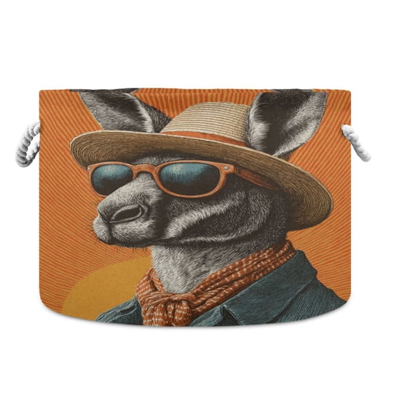Round Toy Storage Basket Foldable Storage Basket for Home Decor Laundry Basket20" x 14" Kangaroo Wearing Sunglasses