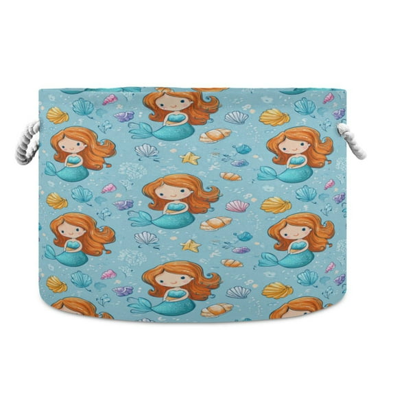 Round Toy Storage Basket Foldable Storage Basket for Home Decor Laundry Basket20" x 14" Little Mermaids and Seashells
