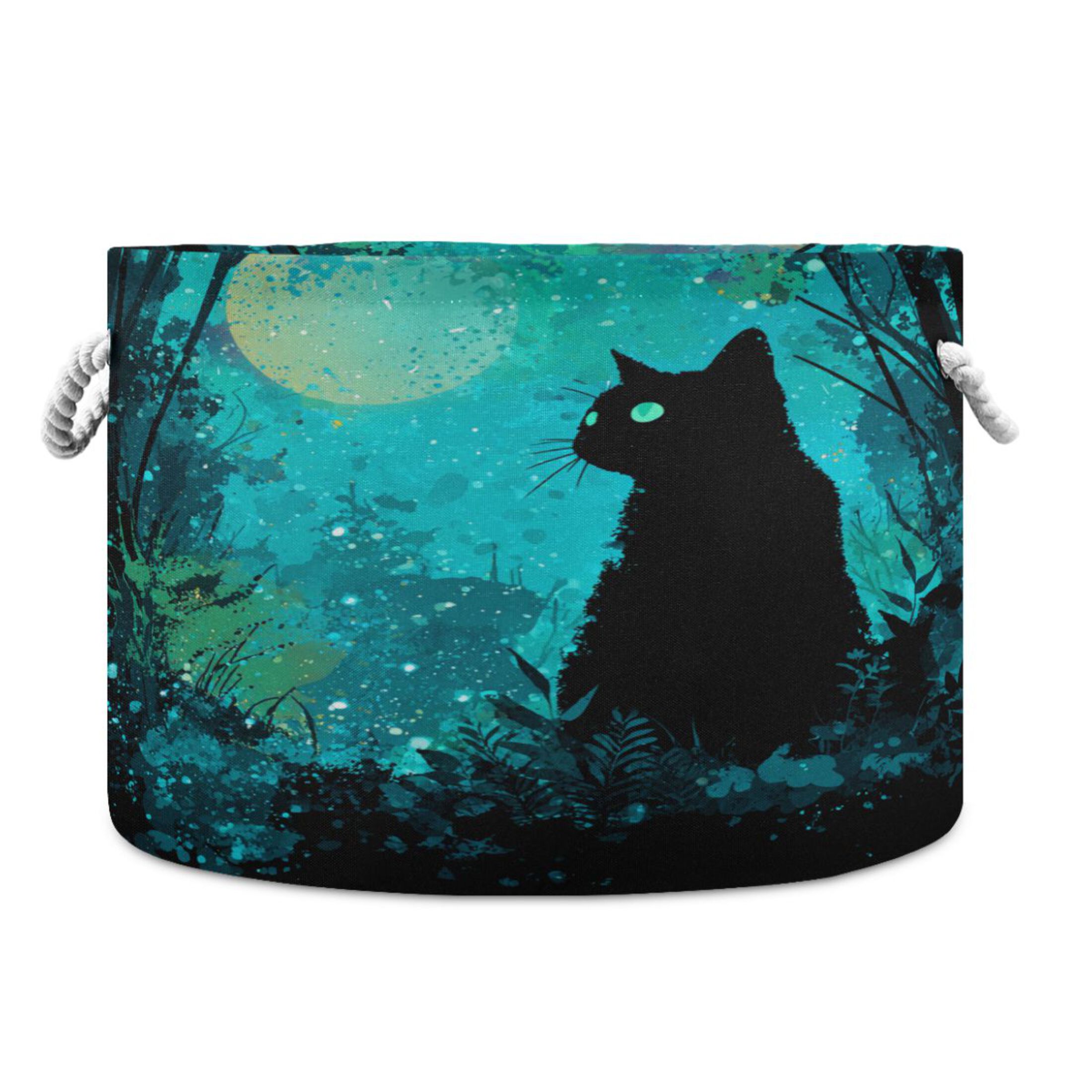 Round Toy Storage Basket Foldable Storage Basket for Home Decor Laundry Basket20" x 14" Magic Black Cat