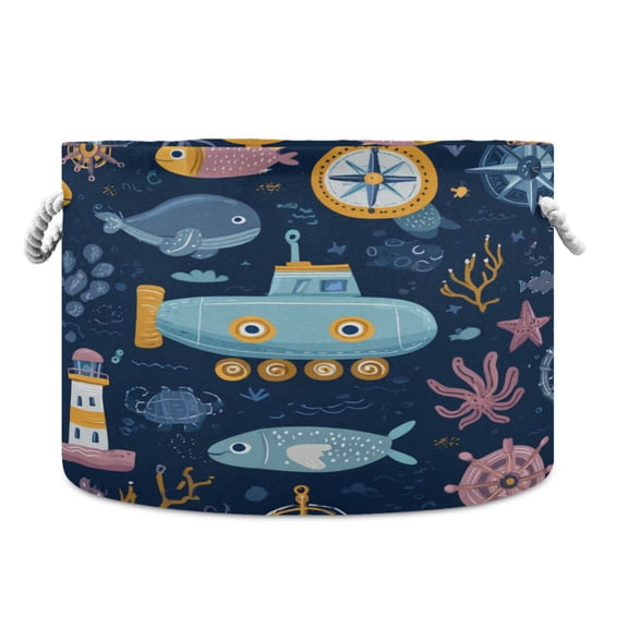 Round Toy Storage Basket Foldable Storage Basket for Home Decor Laundry Basket20" x 14" Maritime Paradise