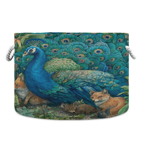 Round Toy Storage Basket Foldable Storage Basket for Home Decor Laundry Basket20" x 14" Peacock and Foxes