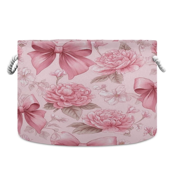 Round Toy Storage Basket Foldable Storage Basket for Home Decor Laundry Basket20" x 14" Pink Bows and Peony Flowers