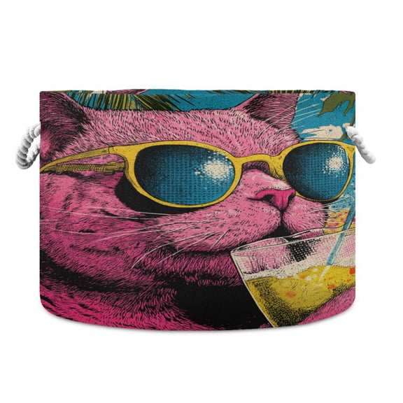 Round Toy Storage Basket Foldable Storage Basket for Home Decor Laundry Basket20" x 14" Pink Cat Wearing Sunglasses