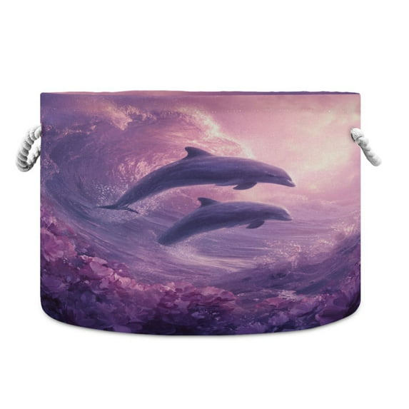 Round Toy Storage Basket Foldable Storage Basket for Home Decor Laundry Basket20" x 14" Pink Sea and Dolphins