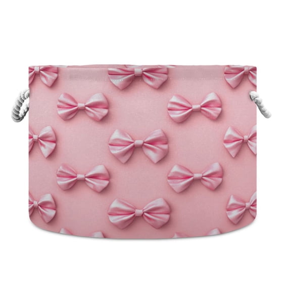 Round Toy Storage Basket Foldable Storage Basket for Home Decor Laundry Basket20" x 14" Pink Simple Bows