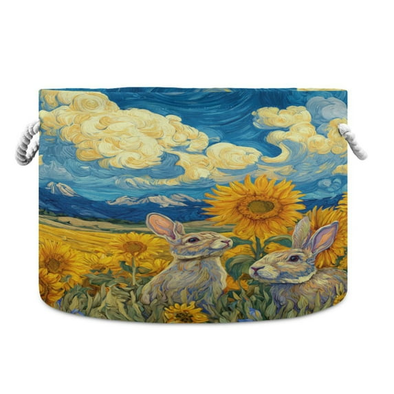 Round Toy Storage Basket Foldable Storage Basket for Home Decor Laundry Basket20" x 14" Rabbits in The Wheat Field