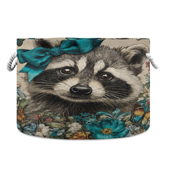 Round Toy Storage Basket Foldable Storage Basket for Home Decor Laundry Basket20" x 14" Raccoon with A Blue Bow