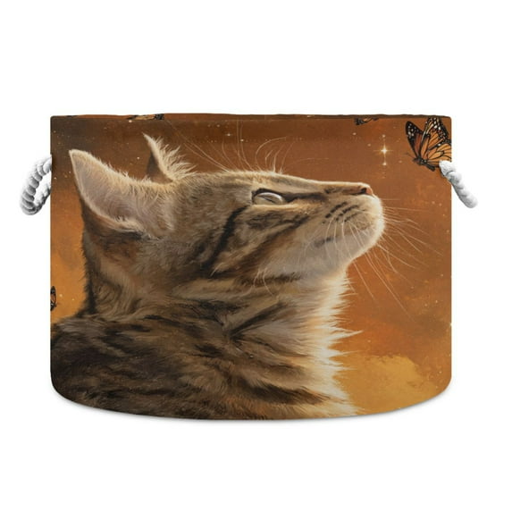 Round Toy Storage Basket Foldable Storage Basket for Home Decor Laundry Basket20" x 14" Realistic Cute Brown Cat