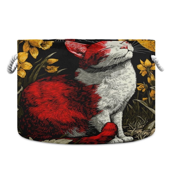 Round Toy Storage Basket Foldable Storage Basket for Home Decor Laundry Basket20" x 14" Red Cat and Sunflowers