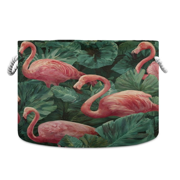 Round Toy Storage Basket Foldable Storage Basket for Home Decor Laundry Basket20" x 14" Repetitive Flamingos