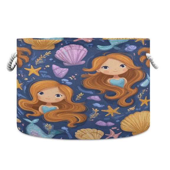 Round Toy Storage Basket Foldable Storage Basket for Home Decor Laundry Basket20" x 14" Shell Girls