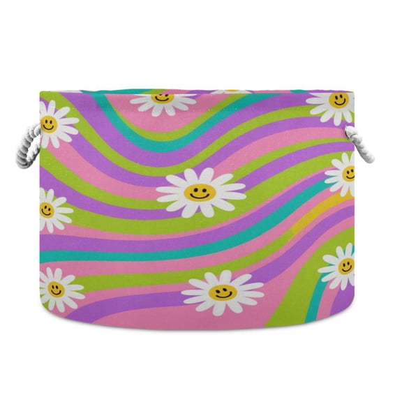 Round Toy Storage Basket Foldable Storage Basket for Home Decor Laundry Basket20" x 14" Smiling Daisy on Multicolor Background