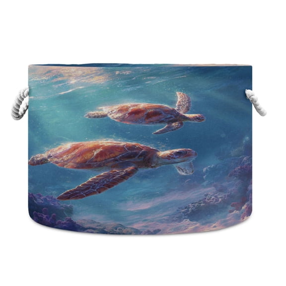 Round Toy Storage Basket Foldable Storage Basket for Home Decor Laundry Basket20" x 14" Two Cute Turtles