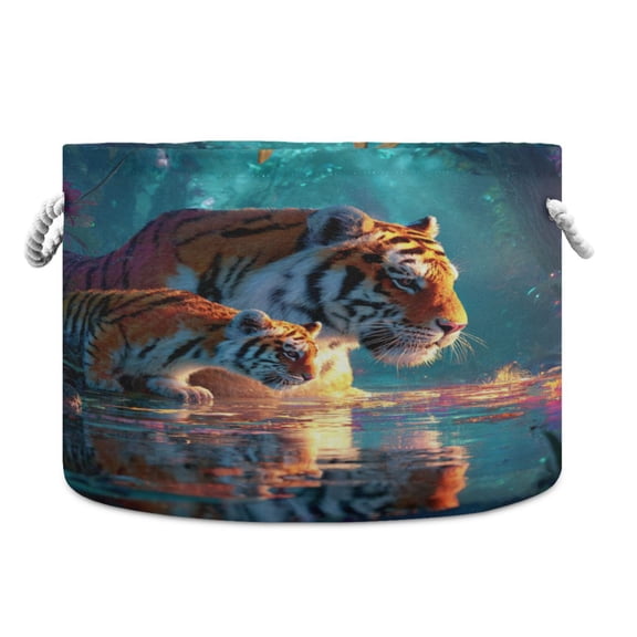 Round Toy Storage Basket Foldable Storage Basket for Home Decor Laundry Basket20" x 14" Two Tigers