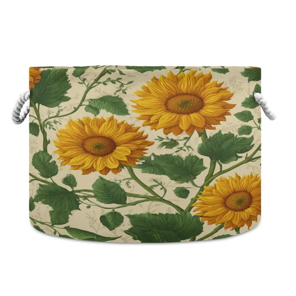 Round Toy Storage Basket Foldable Storage Basket for Home Decor Laundry Basket20" x 14" Vintage Blooming Sunflowers