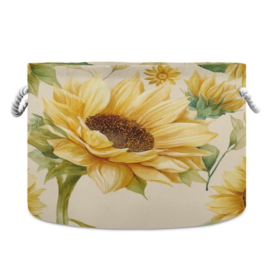 Round Toy Storage Basket Foldable Storage Basket for Home Decor Laundry Basket20" x 14" Vintage Fashion Sunflowers