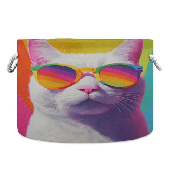 Round Toy Storage Basket Foldable Storage Basket for Home Decor Laundry Basket20" x 14" White Cat Colorful Sunglasses