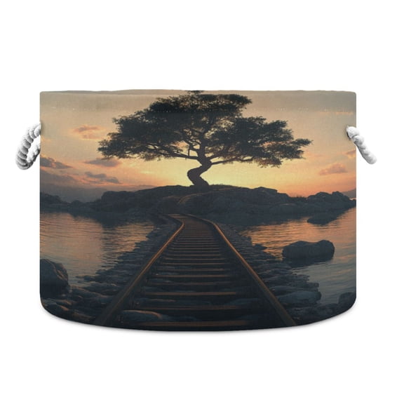 Round Toy Storage Basket Open Home Storage Bins Foldable Baskets for Toys, Laundry & Home Decor A Tree with Rocks and Train