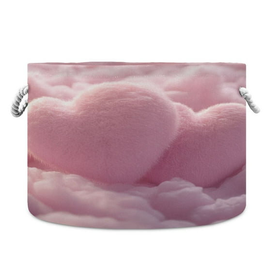 Round Toy Storage Basket Open Home Storage Bins Foldable Baskets for Toys, Laundry & Home Decor Fluffy Pink Heart-shaped