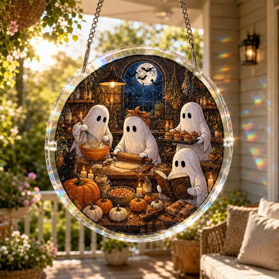 Round Transparent Acrylic Puzzle Suncatcher Hanging Halloween Decor, Halloween Decorations Indoor Gothic Haunted House Ornament, Home Decor & Wall Decor for Window Wall Hanging-C