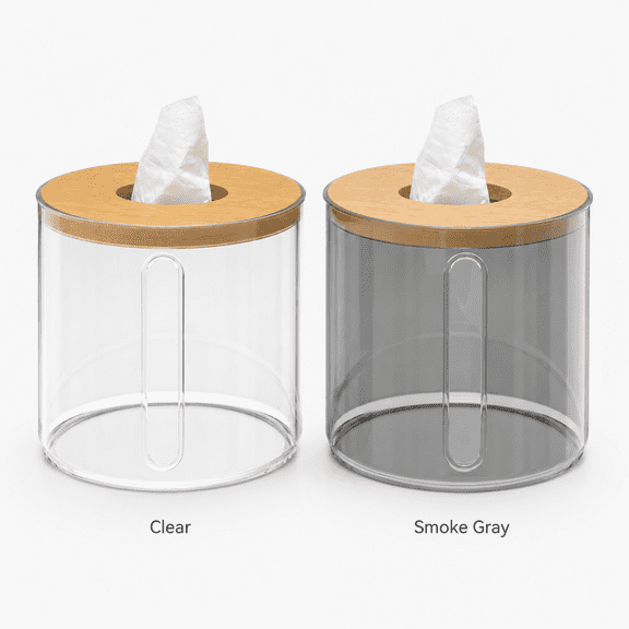 Round Transparent PET Tissue Box with Bamboo Wood Lid, Clear or Smoke Gray Roll Paper Holder, Plain or Cartoon Pattern