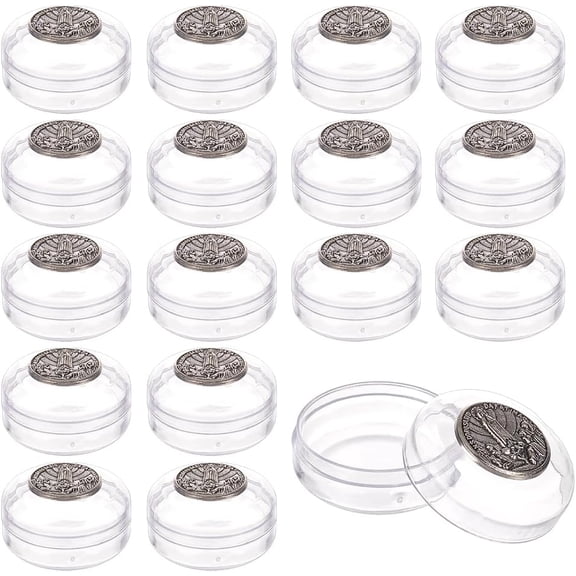 Round Transparent Plastics Display boxes with Antique Silver Tone Virgin Marry Alloy Slice Ornament for Gemstone Jewelry Storage Clear 3.5x2.05cm Inner Diameter: 3.15cm