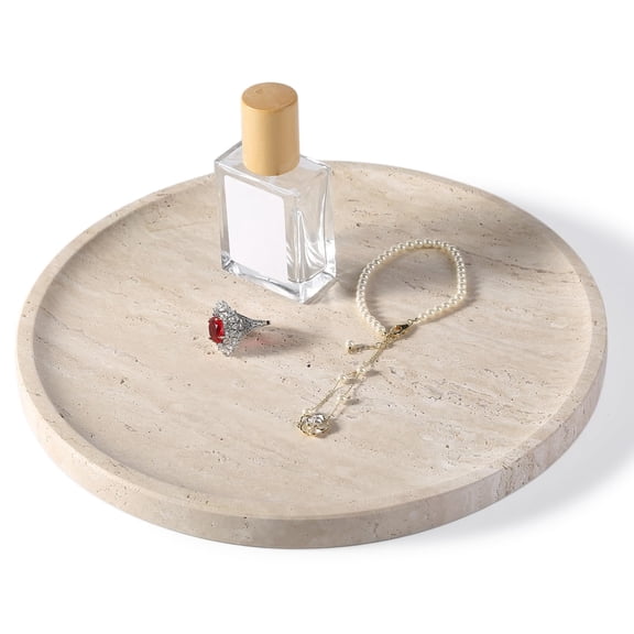 Round Travertine Serving Tray 9.8 Inch Diameter Bathroom Kitchen Countertop Storage