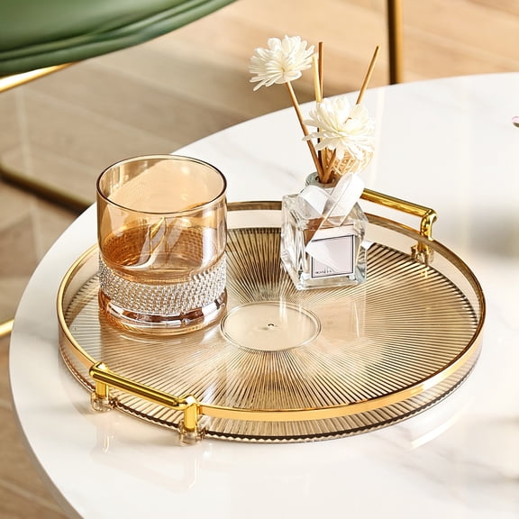 Round Tray for Coffee Table, QQZ Clear Plastic Serving Tray with Handles, 12 Inch Decorative Centerpiece for Snacks Desserts Living Room Entryway, Beige