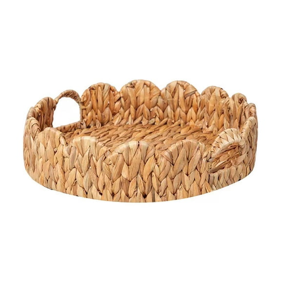 Round Tray, Handwoven Scalloped Decorative Tray with Hidden Handles for Vanity Deco