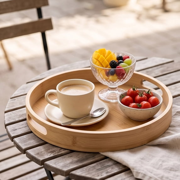 Round Trays Home Decor, 11.8" Large Round Wood Tray for Ottoman Coffee Table Trays, Wooden Kitchen Serving Decorative Trays for Home Office Counter Serveware Organizer, Khaki