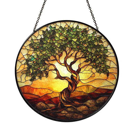 Round Tree Silhouette Stained Glass Style Suncatcher Window Hanging Art, Minimal Nature Home Decor
