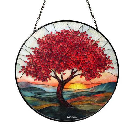 Round Tree of Life Stained Glass Suncatcher Window Panel, Garnet Inspired Design, Timeless Decorative Accent