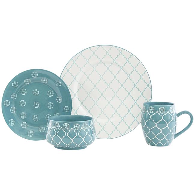 Round Trellis Ceramic Service for Four Dinnerware Set, Turquoise 16