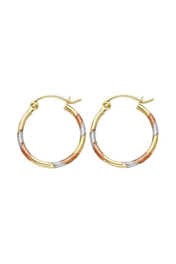 Round Tube Diamond Cut Tricolor Hoop Earrings 14k Yellow White Rose Gold Satin Finish 15mm x 15mm