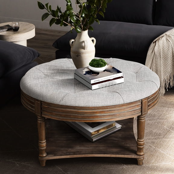 Round Tufted Stool with Solid Wood Legs / Durable and Stylish for Home Decor