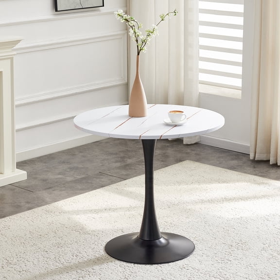 Round Tulip Bistro Dining Kitchen Table with Metal Pedestal Base Thickened Tabletop for Small Places, Living Room, Cafe