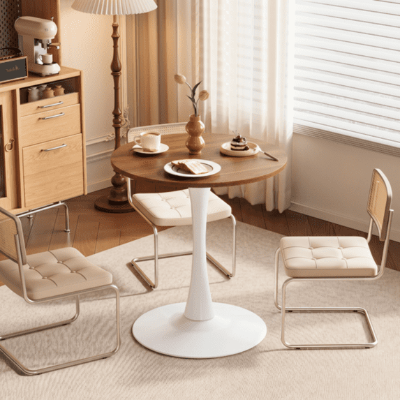 Round Tulip Dining Table, 27.6 Inch 2-Seater Kitchen Table, Melamine Laminated MDF Tabletop with Metal Pedestal Base, Easy Assembly Breakfast Table for Apartment Dining Nook, White & Walnut