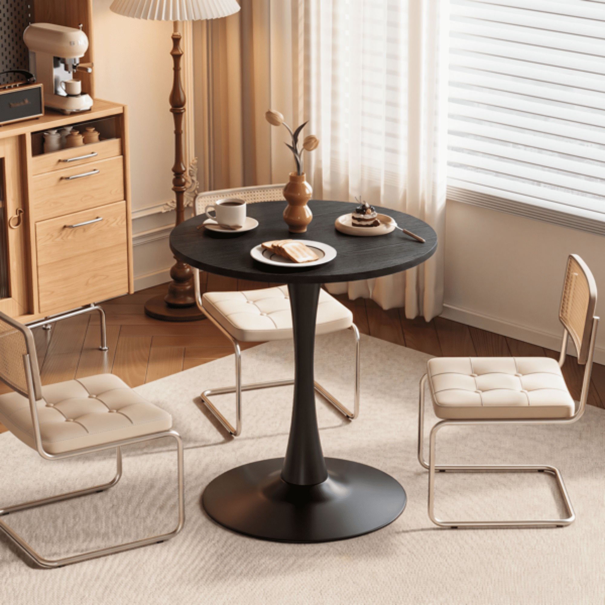 Round Tulip Dining Table, 27.6 Inch Circular Kitchen Table for 2 People, Melamine Laminated MDF Tabletop with Metal Pedestal Base, Easy Assembly Breakfast Table for Dining Room, Apartment, Black