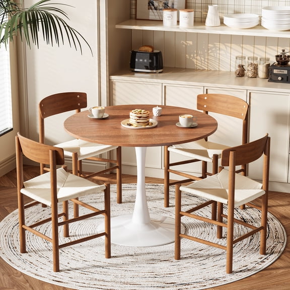Round Tulip Dining Table, 39.4 Inch White & Walnut Kitchen Table with Metal Pedestal Base, Seats 4 for Dining Room Apartment