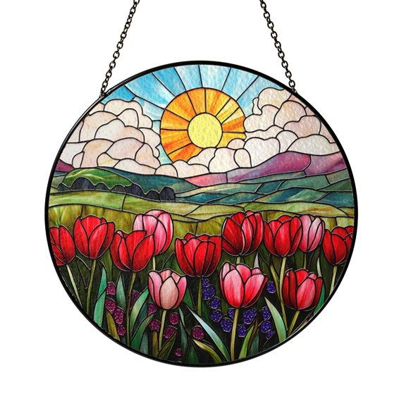 Round Tulip Field Sunrise Suncatcher Window Decor, Fresh Floral Spring Art Gift