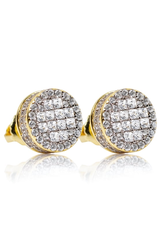 Men's Round Two Tone 14K Gold Plated 925 Sterling Silver Screw Back Post Cluster Square Princess Cut Hip Hop Gauges Circle Shape Stud Earrings
