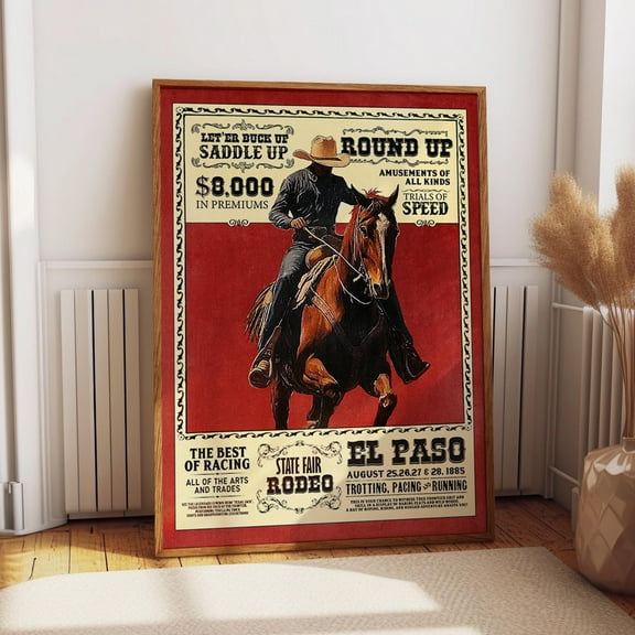 Round-Up Wall Art - El Paso State Fair Rodeo 1885 Retro Poster – Classic Western Rodeo Event Wall Art, Modern Wall Decor, 8x12 UNFRAMED