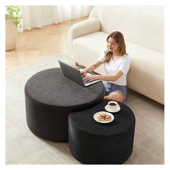 Round Upholstered Nesting Coffee Table Set, 32"+17" Modern Ottoman Coffee Table with Side Table Corduroy Circle Footstool Cocktail Center Table Foot Rest for Living Room No Assembly, Black