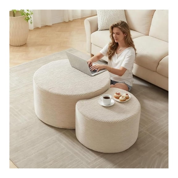 Round Upholstered Nesting Coffee Table Set, 32"+17" Modern Ottoman Coffee Table with Side Table Corduroy Circle Footstool Cocktail Center Table Foot Rest for Living Room No Assembly, Beige