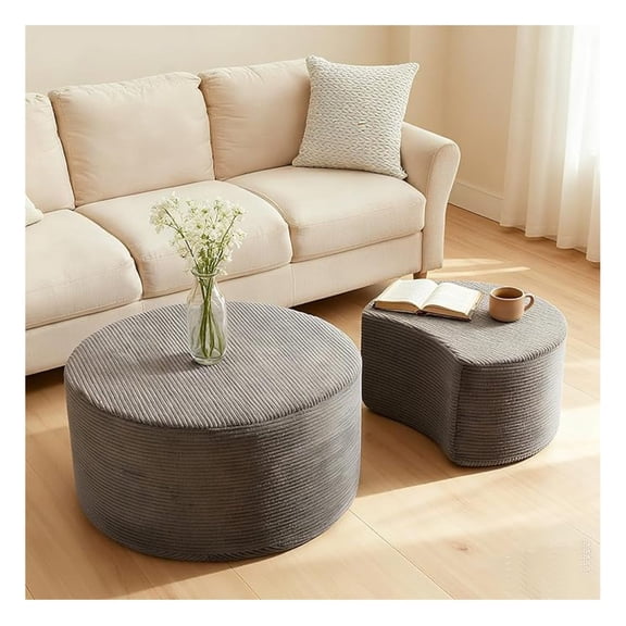 Round Upholstered Nesting Coffee Table Set, 32"+17" Modern Ottoman Coffee Table with Side Table Corduroy Circle Footstool Cocktail Center Table Foot Rest for Living Room No Assembly, Grey